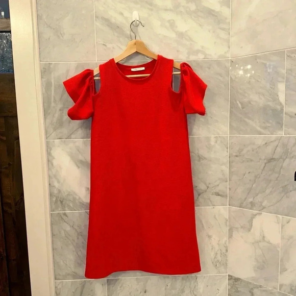 Zara Womens Shift Dress Size M Red Textured Cold Shoulder - Picture 3 of 6